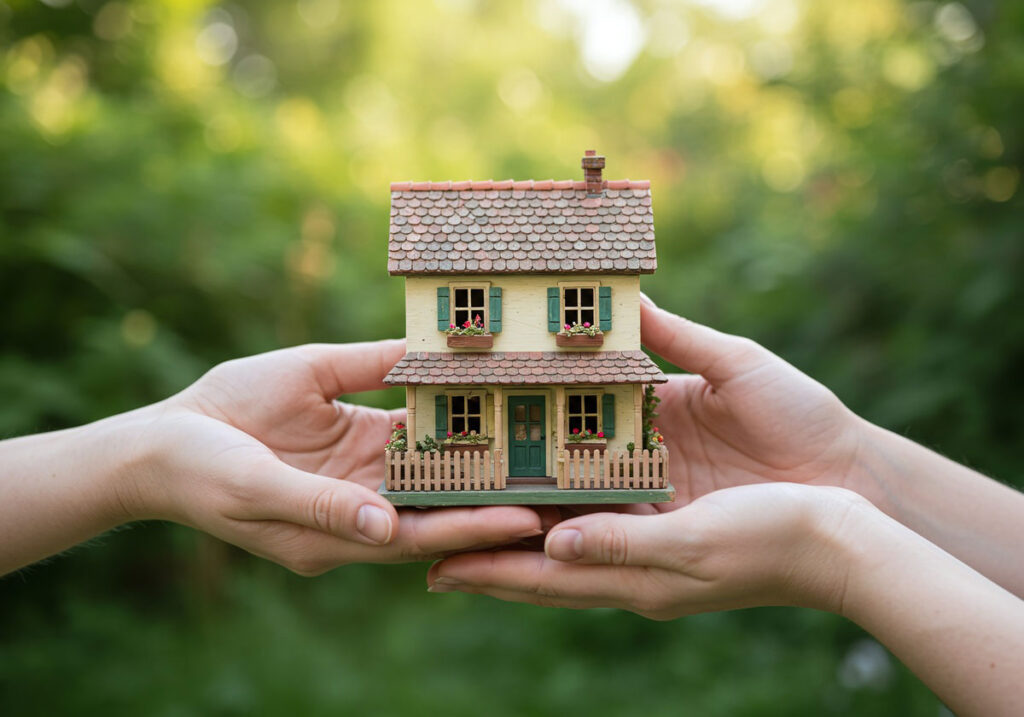 Zwei Hände halten ein Modellhaus im Grünen