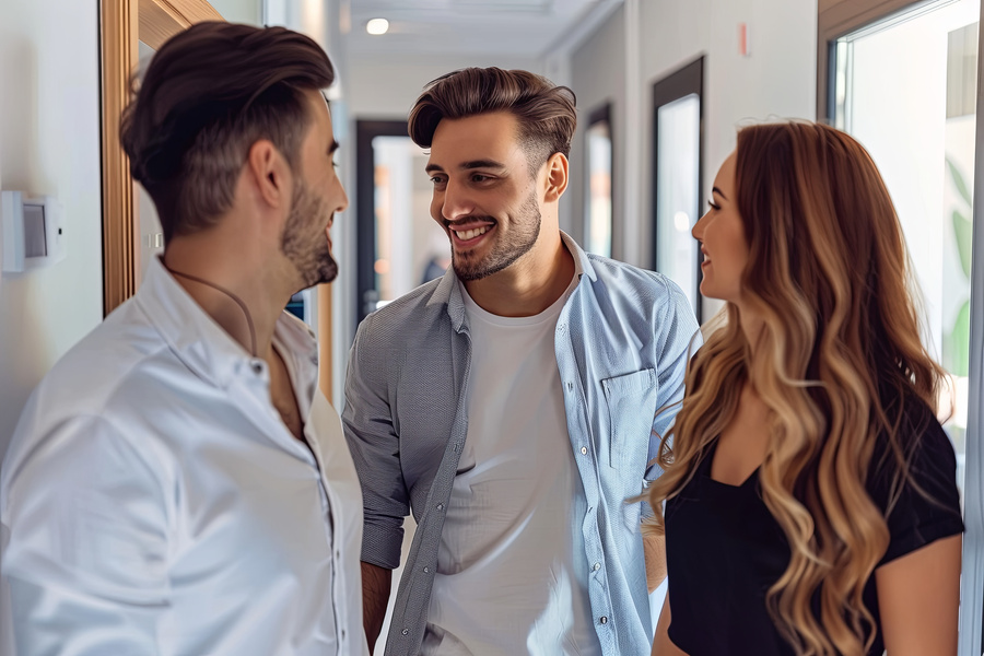 Paar mit Makler im Wohnungsflur